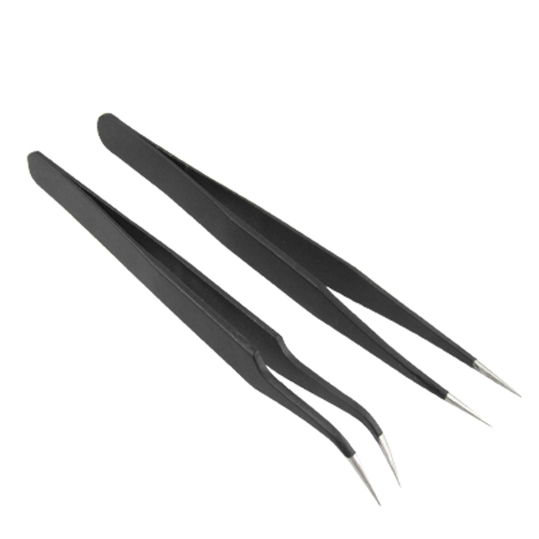 Harfington 2pcs Black Silver Tone Straight w Curved Tweezers Set