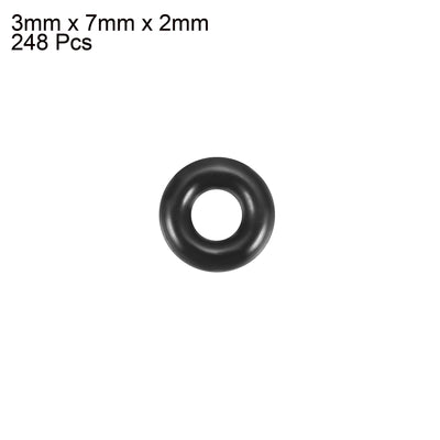 Harfington 248pcs 3mm×7mm×2mm Black Rubber O Shape Rings Oil Seal Gaskets Washer