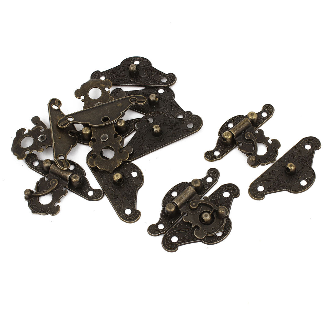 Harfington 6 Pcs Dollhouse Antique Carved Wood Jewelry Box Latch Sets Case Hasp Pad Chest Lock Locking Hook Hinge Bronze Tone 2" Long