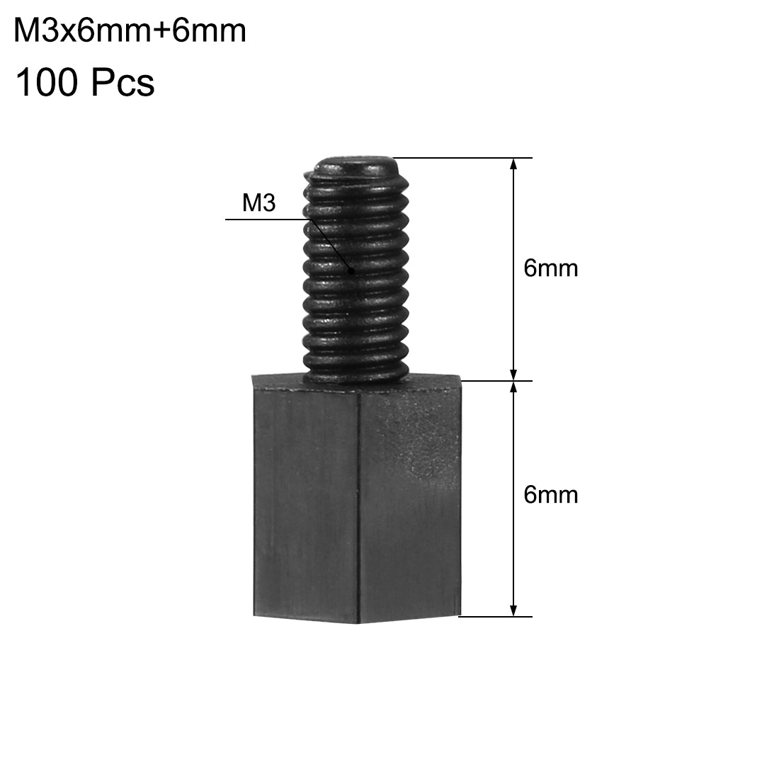 uxcell Uxcell 100Pcs M3 6mm+6mm Male to Female Screw Threaded Black Nylon Hex Standoff Spacer for PCB Motherboard