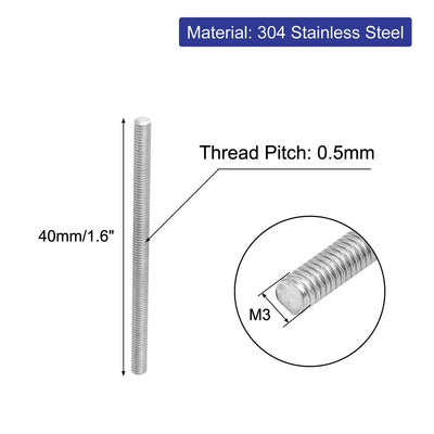 Harfington Uxcell M3 x 40mm 0.5mm Pitch 304 Stainless Steel Fully Threaded Rods Bar Studs 20 Pcs