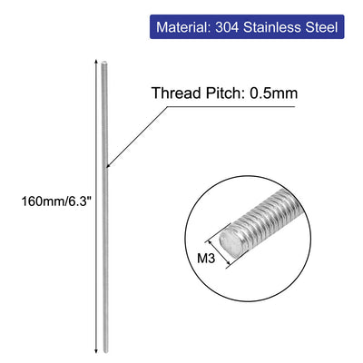 Harfington Uxcell M3 x 160mm 0.5mm Pitch 304 Stainless Steel Fully Threaded Rods Hardware 20 Pcs