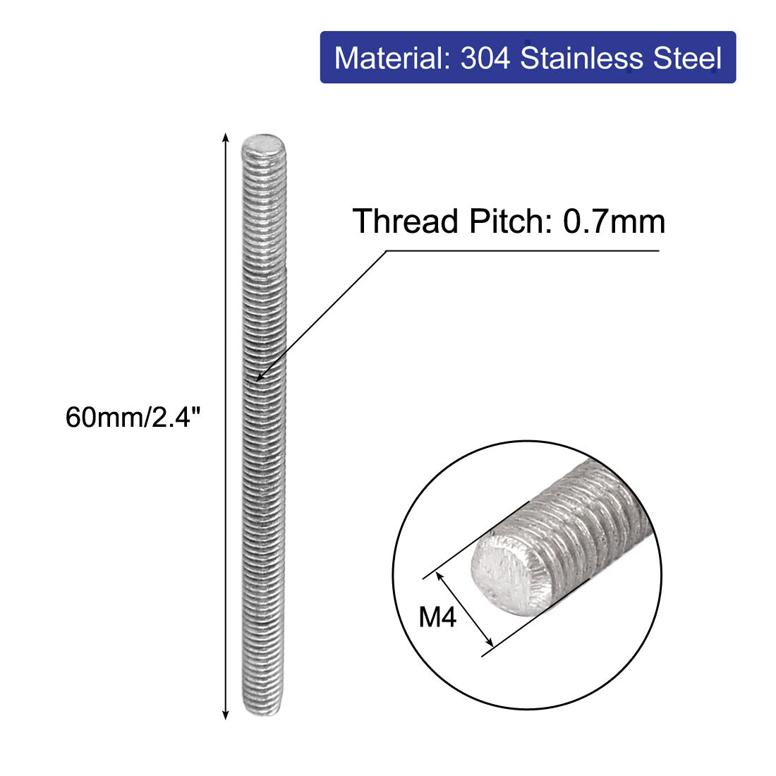 uxcell Uxcell M4 x 60mm 304 Stainless Steel Fully Threaded Rod Bar Studs Hardware 10 Pcs
