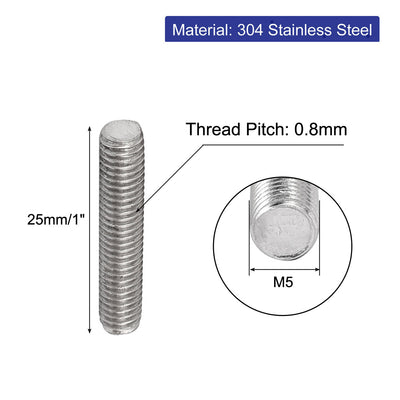 Harfington Uxcell M5 x 25mm 0.8mm Pitch 304 Stainless Steel Fully Threaded Rod Bar Studs 20 Pcs