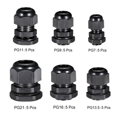 Harfington 30 Pcs (5 Pcs of each model) PG7 PG9 PG11 PG13.5 PG16 PG21 Waterproof IP68 Nylon Cable Gland Joint Adjustable Locknut for 3.5mm-18mm Dia Cable Wire