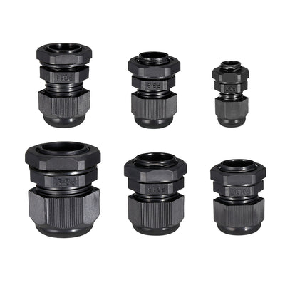Harfington 30 Pcs (5 Pcs of each model) PG7 PG9 PG11 PG13.5 PG16 PG21 Waterproof IP68 Nylon Cable Gland Joint Adjustable Locknut for 3.5mm-18mm Dia Cable Wire
