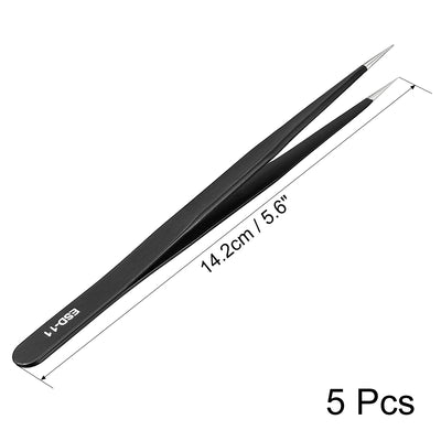 Harfington Uxcell ESD Anti-static Stainless Steel Tweezers Straight Pointed Non-magnetic 5.6 Inch Length Black 5pcs