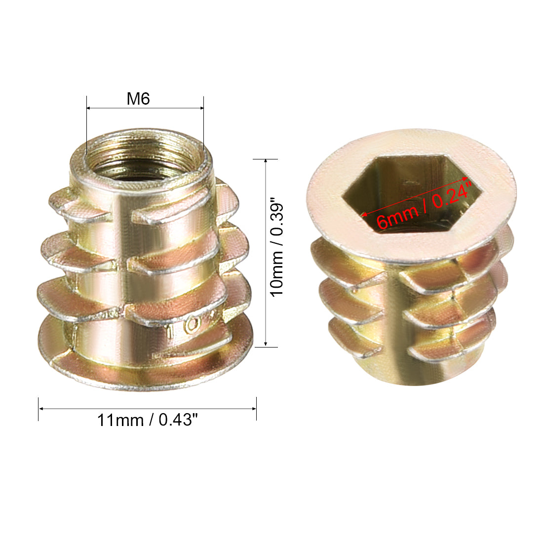 uxcell Uxcell Threaded Insert Nuts Zinc Alloy Hex Socket M6 Internal Threads 10mm Length 50pcs