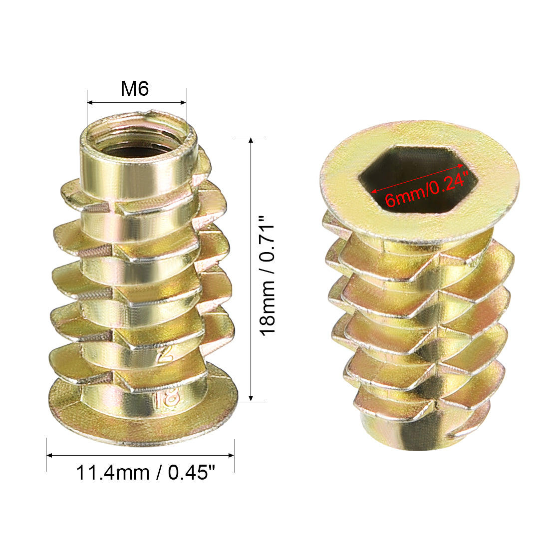 uxcell Uxcell Threaded Insert Nuts Zinc Alloy Hex Socket M6 Internal Threads 18mm Length 20pcs