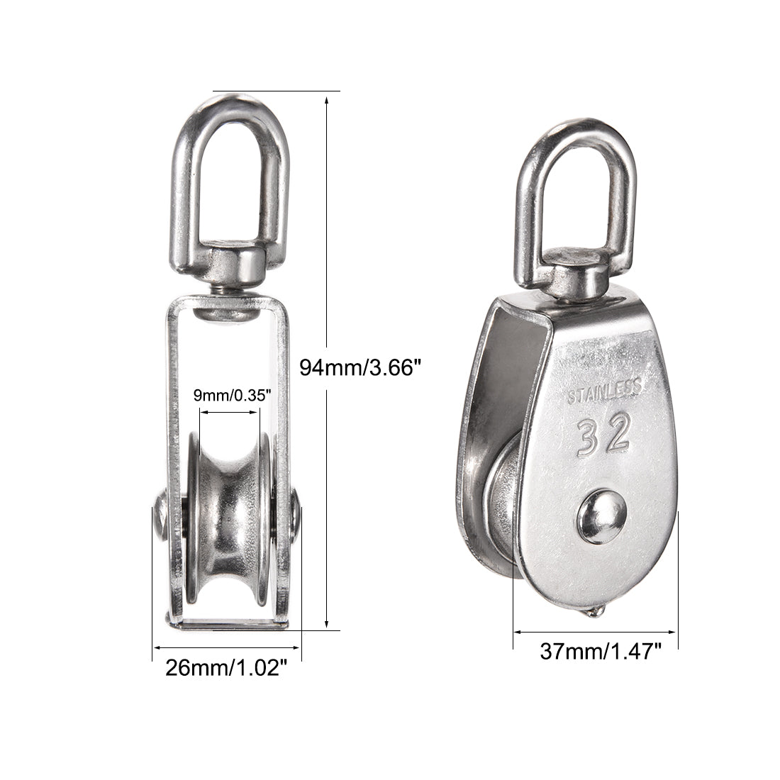 uxcell Uxcell 2pcs M32 Lifting Crane Swivel Hook Single Pulley Block Hanging Wire Towing Wheel 304 Stainless Steel