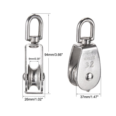 Harfington Uxcell 2pcs M32 Lifting Crane Swivel Hook Single Pulley Block Hanging Wire Towing Wheel 304 Stainless Steel