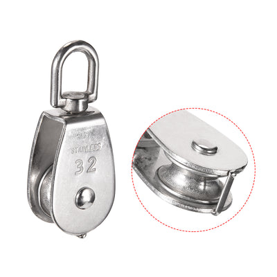 Harfington Uxcell 2pcs M32 Lifting Crane Swivel Hook Single Pulley Block Hanging Wire Towing Wheel 304 Stainless Steel