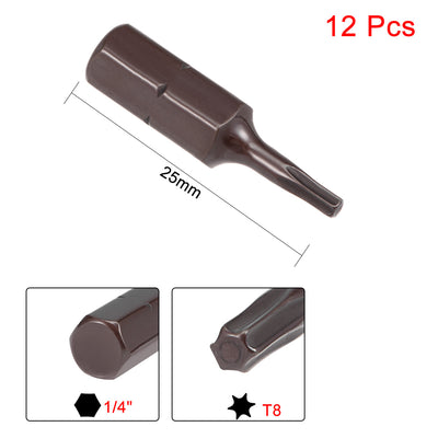Harfington 12pcs 25mm Long 1/4" Hex Shank T8 Torx High Quantity Screwdriver Bits S2 High Alloy Steel