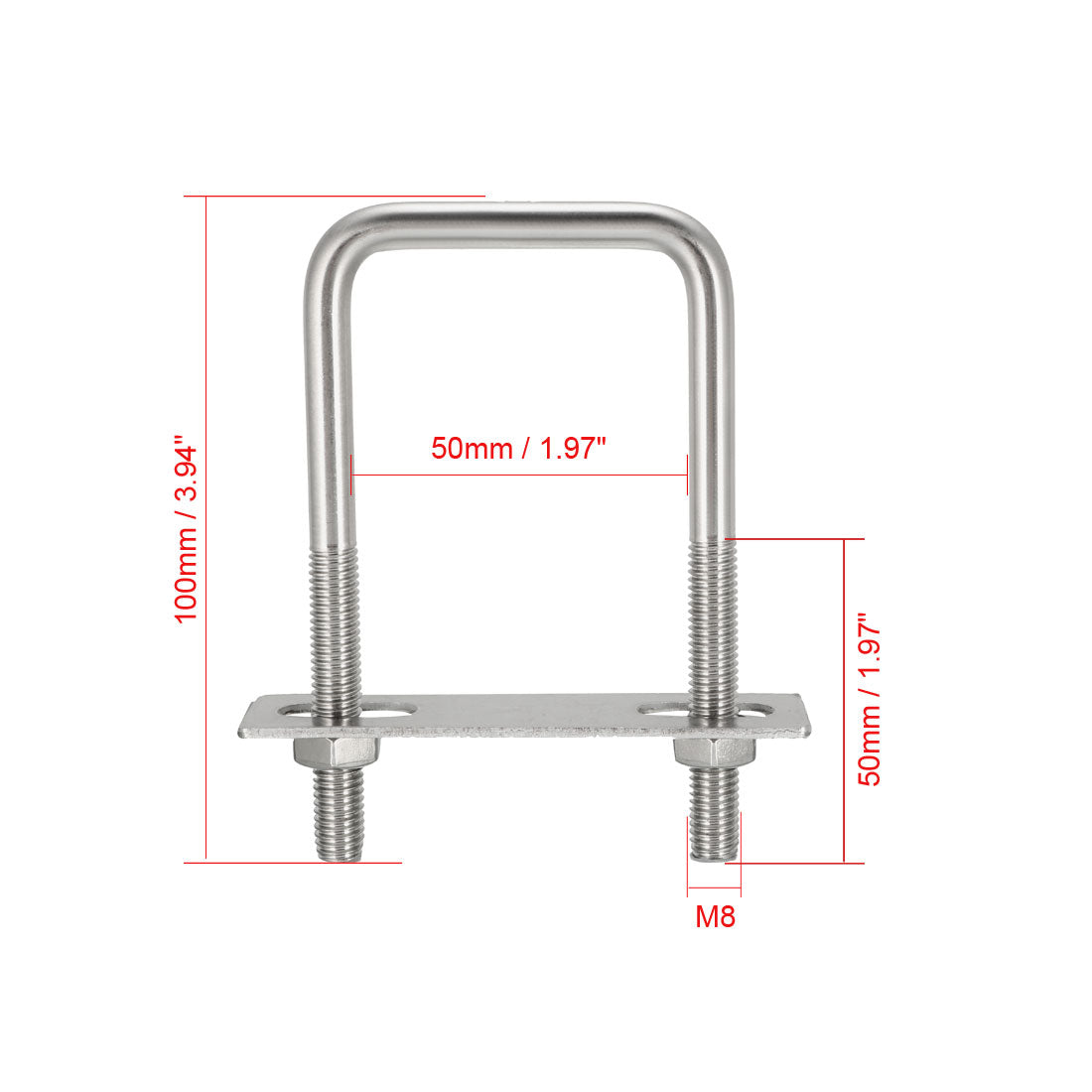 uxcell Uxcell Square U-Bolts M8 50mm Inner Width 304 Stainless Steel with Nuts Frame Straps 1pcs