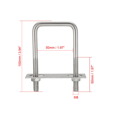 Harfington Uxcell Square U-Bolts M8 50mm Inner Width 304 Stainless Steel with Nuts Frame Straps 1pcs