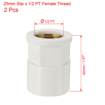 Harfington Uxcell 25mm Slip x 1/2 PT Female Brass Thread PVC Pipe Fitting Adapter 2 Pcs