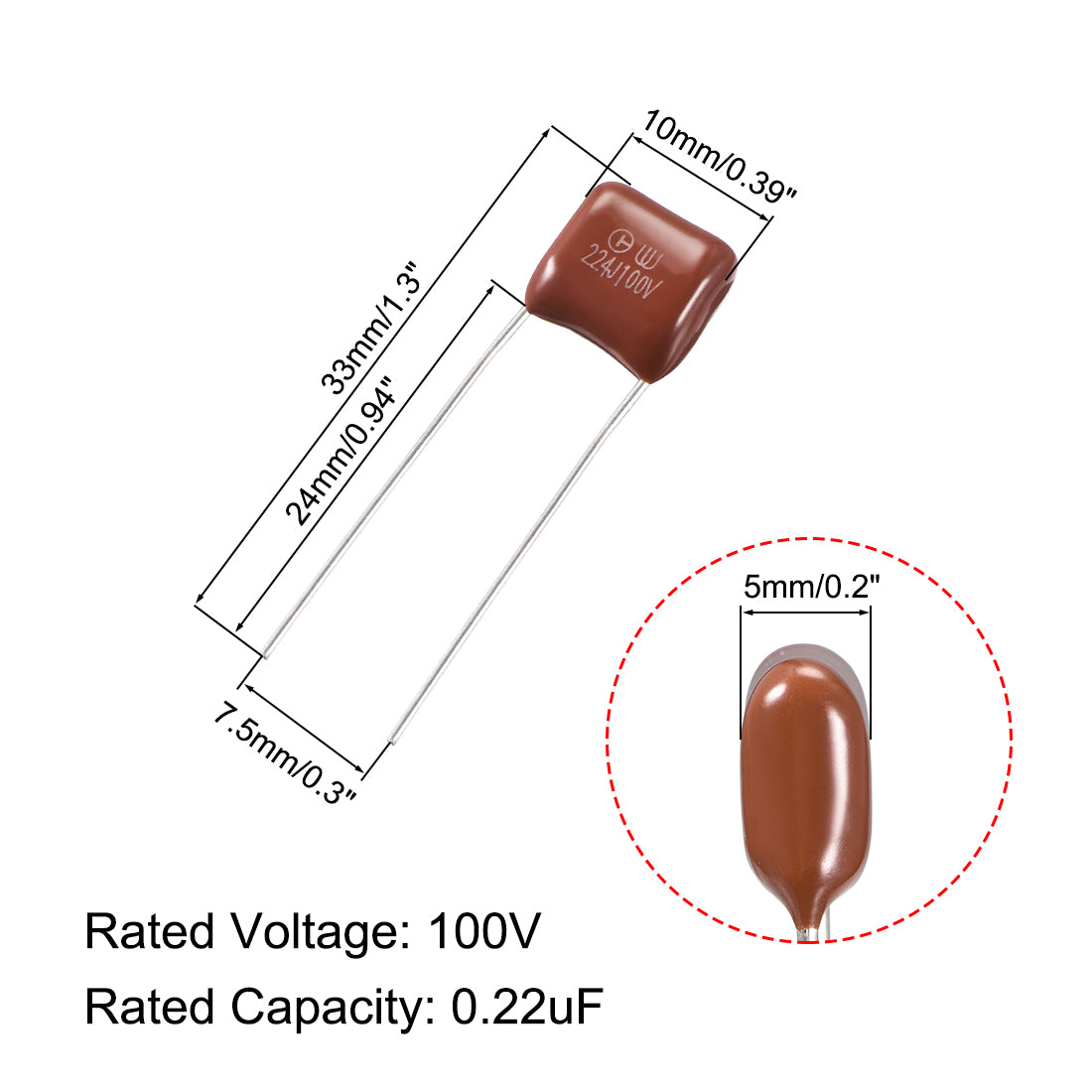 uxcell Uxcell CBB21 Metallized Polypropylene Film Capacitors 100V 0.22uF for Electric Circuits Energy Saving Lamps 10pcs