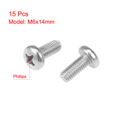 Harfington Uxcell M6x14mm Machine Screws Pan Phillips Cross Head Screw 304 Stainless Steel Fasteners Bolts 15Pcs