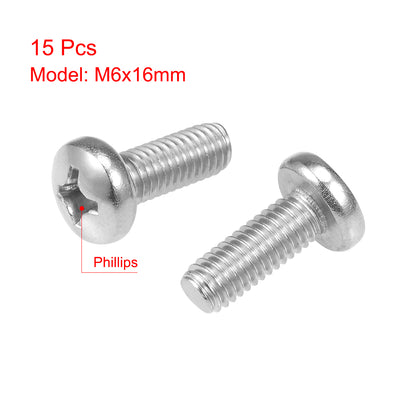 Harfington Uxcell M6x16mm Machine Screws Pan Phillips Cross Head Screw 304 Stainless Steel Fasteners Bolts 15Pcs
