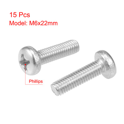 Harfington Uxcell M6x22mm Machine Screws Pan Phillips Cross Head Screw 304 Stainless Steel Fasteners Bolts 15Pcs