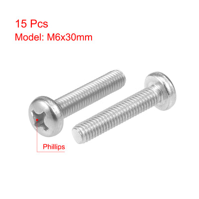 Harfington Uxcell M6x30mm Machine Screws Pan Phillips Cross Head Screw 304 Stainless Steel Fasteners Bolts 15Pcs