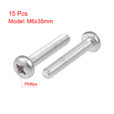 Harfington Uxcell M6x35mm Machine Screws Pan Phillips Cross Head Screw 304 Stainless Steel Fasteners Bolts 15Pcs