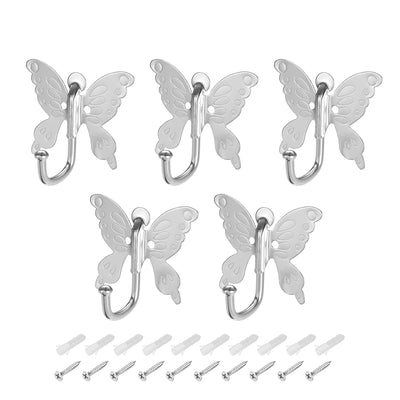 Harfington Uxcell 5Pcs Wall Mounted Hook Robe Hooks Butterfly Style Single Clothes Hanger, Zinc Alloy, Silver