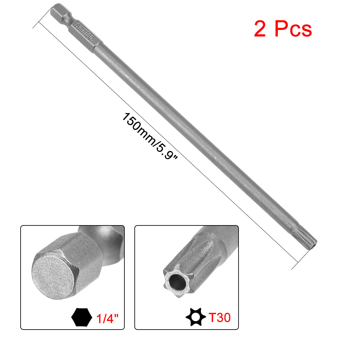 uxcell Uxcell 2 Pcs T30 Magnetic Torx Screwdriver Bits, 1/4 Inch Hex Shank 5.9-inch Length S2 Security Tamper Proof Screw Driver Kit Tools