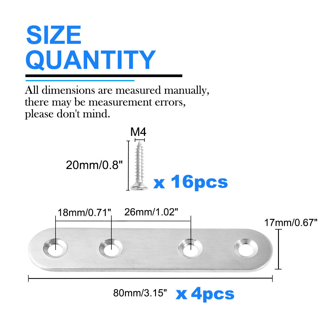 uxcell Uxcell Straight Bracket Stainless Steel Brace Fastener Brackets w Screws, 4pcs