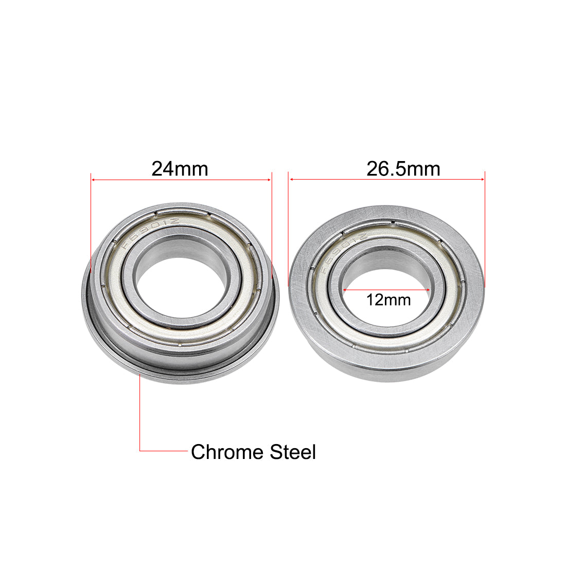 Harfington F6901ZZ Flange Ball Bearing 12x24x6mm Shielded Chrome Bearings 5pcs