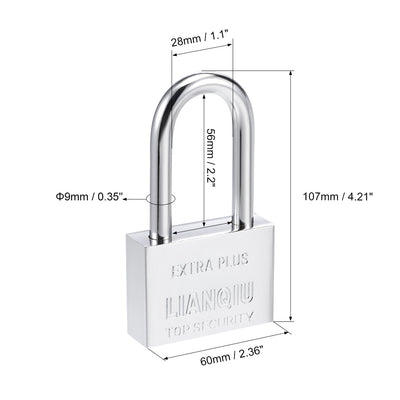 Harfington Uxcell Steel Padlocks, Keyed Alike, 60mm Wide Chrome Finish Harden Long Shackle, 2Pcs