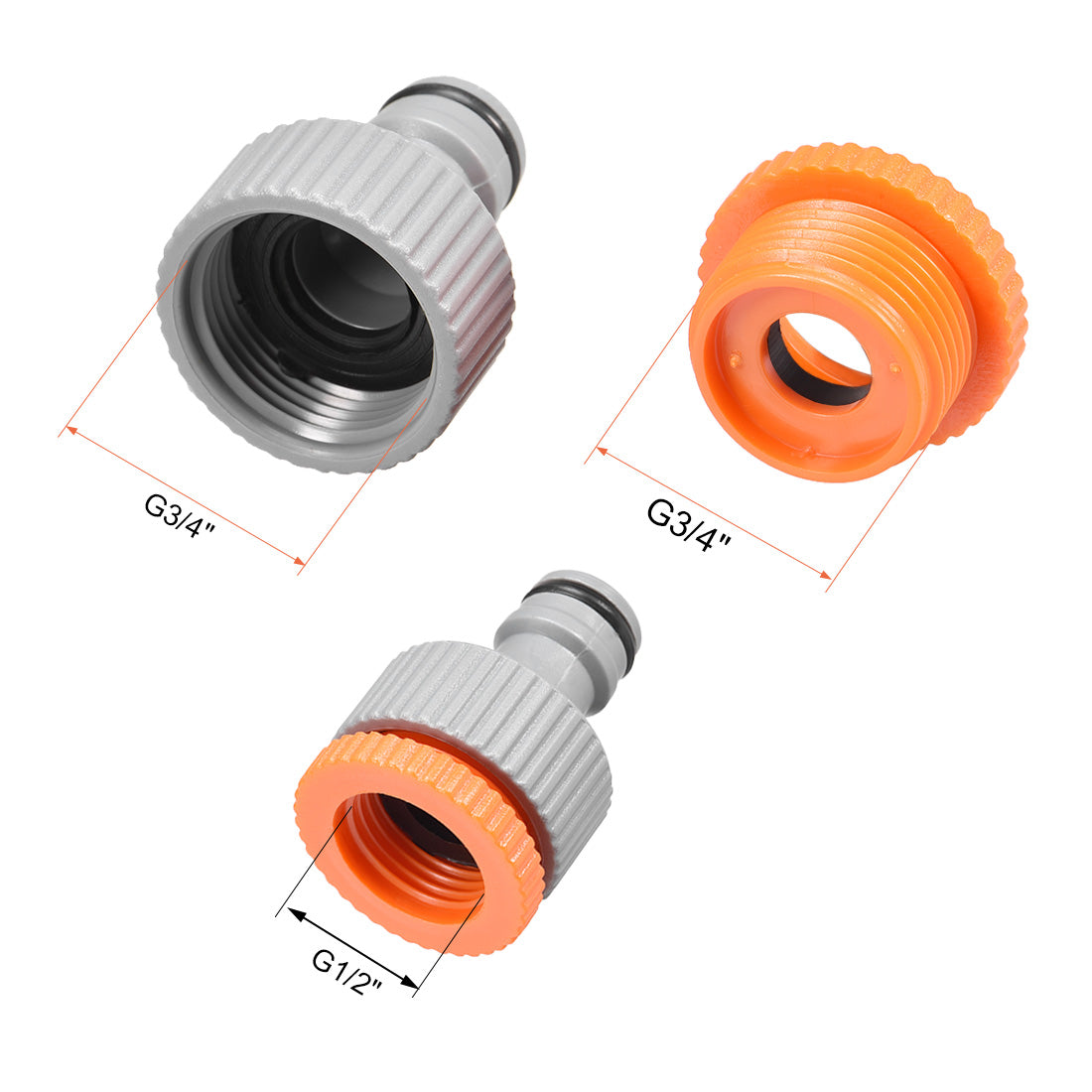 uxcell Uxcell Garden Water Hose Connector G1/2 and G3/4 Adjustable Hose Tap Gray Orange 3pcs
