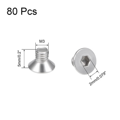 Harfington Uxcell Flat Head Machine Screws Inner Hex Screw 304 Stainless Steel Fasteners Bolt 80pcs
