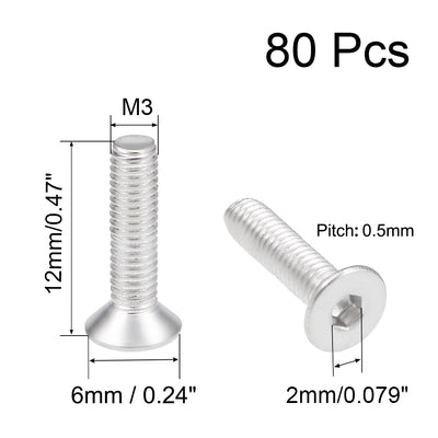 Harfington Uxcell Flat Head Machine Screws Inner Hex Screw 304 Stainless Steel Fasteners Bolt 80pcs