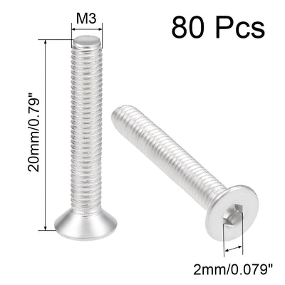 Harfington Uxcell Flat Head Machine Screws Inner Hex Screw 304 Stainless Steel Fasteners Bolt 80pcs