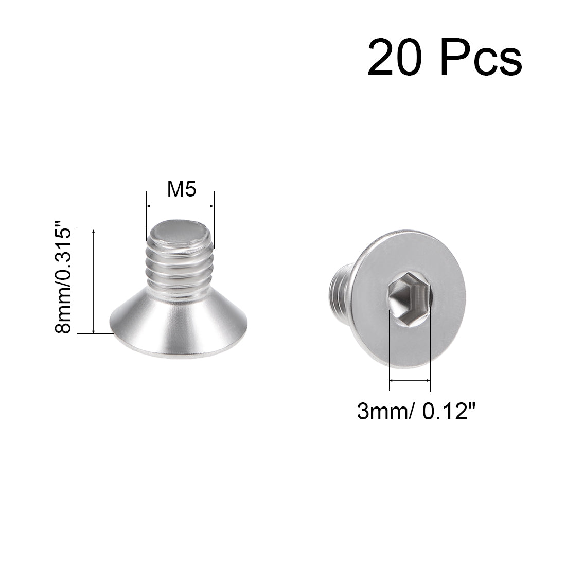 uxcell Uxcell Flat Machine Screws Inner Hex Screw 304 Stainless Steel Fasteners Bolts 20Pcs