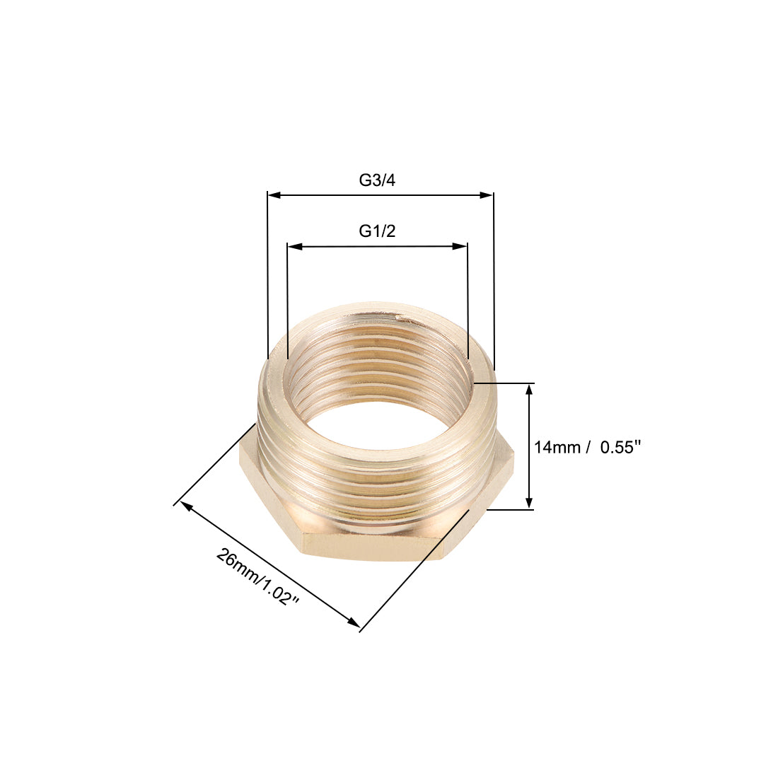 uxcell Uxcell Brass Threaded Pipe Fitting G3/4 Male x G1/2 Female Hex Bushing Adapter Connector 5Pcs