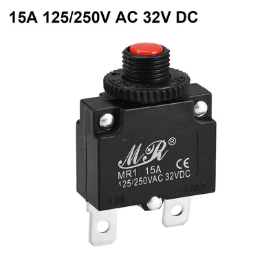 Harfington Uxcell Thermal Circuit Breakers 15A 125/250V AC 32V DC Push Button Manual Reset Overload Protector Switch 2 Pcs