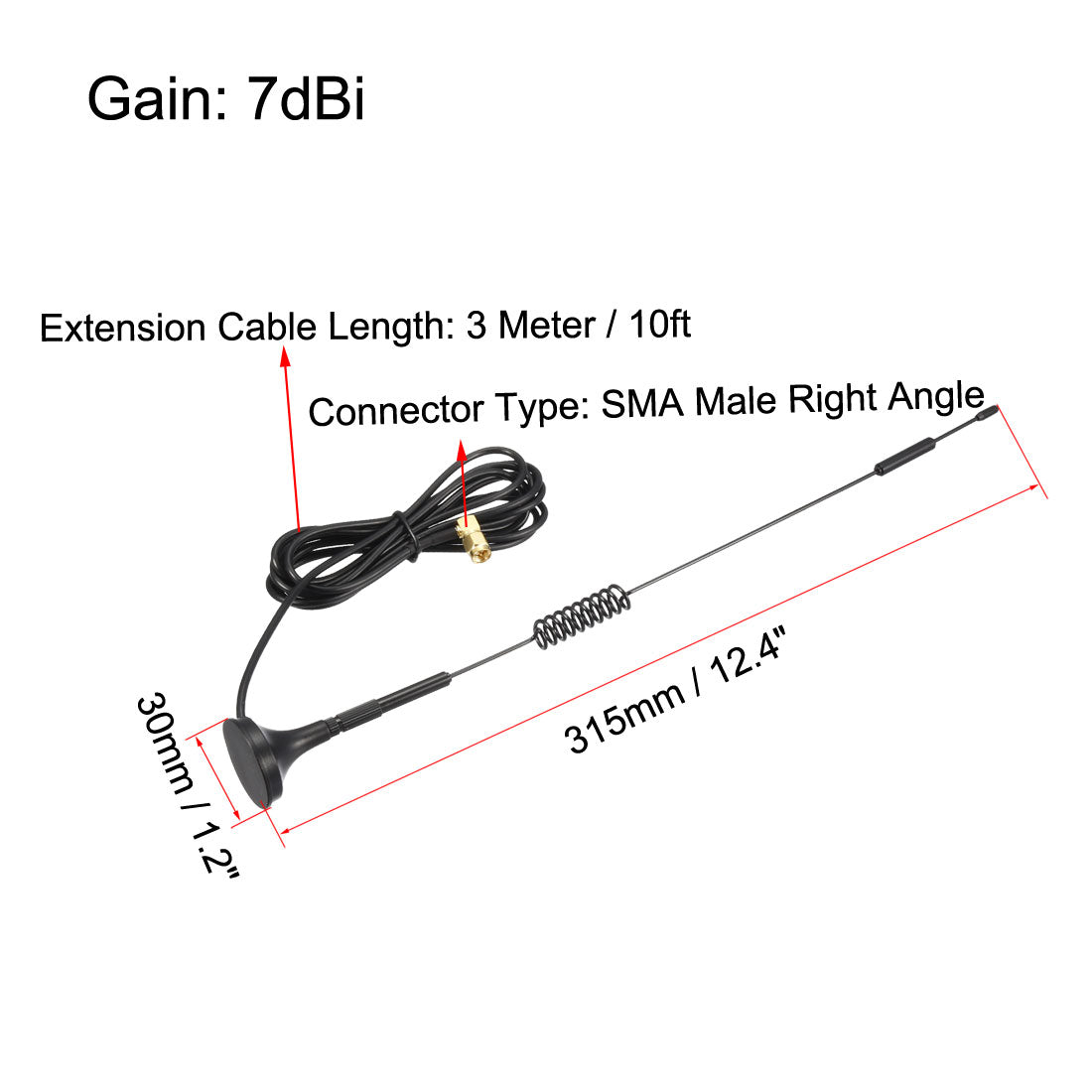 uxcell Uxcell GSM GPRS WCDMA LTE Antenna 3G 4G 7dBi High Gain 700-2700MHz SMA Male Right Angle Connector with 3 Meter RG174 Cable Magnetic Base