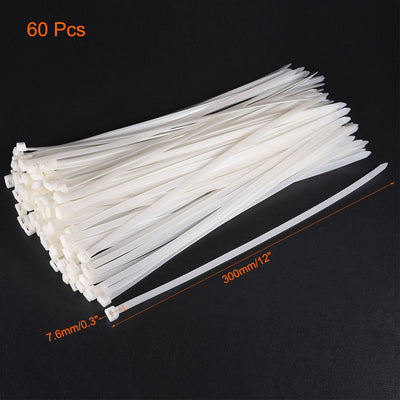 Harfington Uxcell Cable Zip Ties 300mmx7.6mm Self-Locking Nylon Tie Wraps White 60pcs