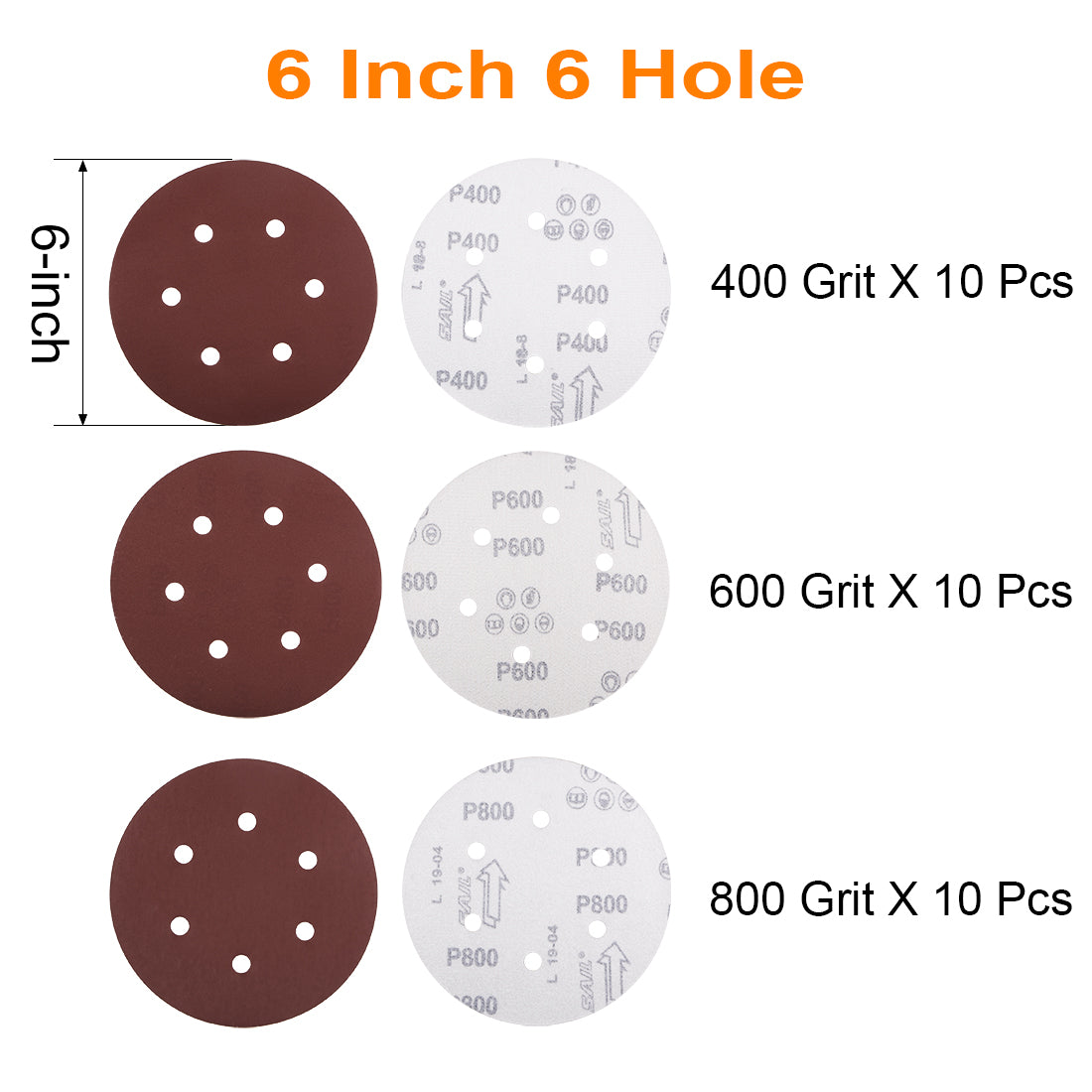 uxcell Uxcell 30pcs 6 inch 6 Hole Sanding Disc 400/600/800 Grit