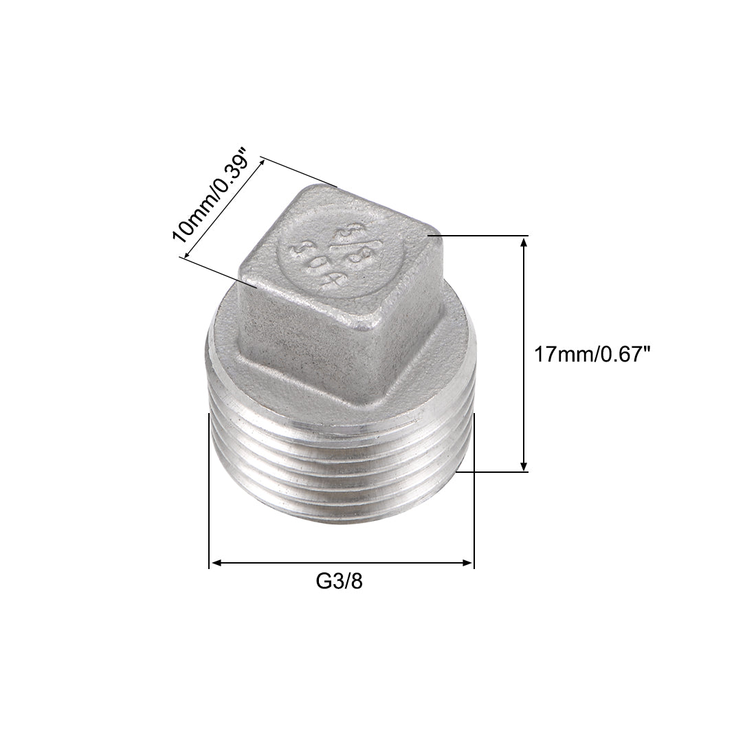 uxcell Uxcell G3/8 Male 304 Stainless Steel Cast Pipe Fitting - Square Head Cored Plug Silver Tone 2Pcs
