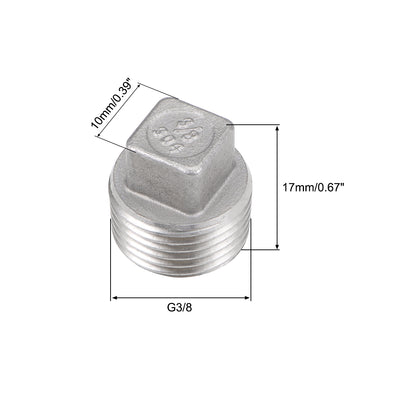 Harfington Uxcell G3/8 Male 304 Stainless Steel Cast Pipe Fitting - Square Head Cored Plug Silver Tone 2Pcs