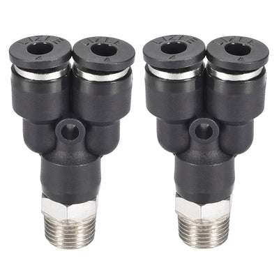 uxcell Uxcell Push To Connect Air Fittings Y Type Tube Connect 4mm OD x 1/8PT Male Thread Tube Fittings Push Lock Black 2Pcs