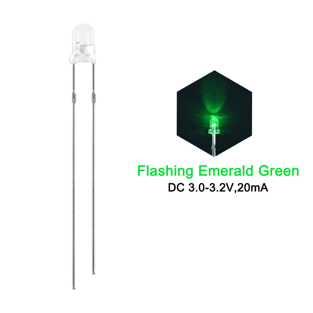 uxcell Uxcell 100Set 3mm LED Kit Clear Flashing Emerald Green Super Bright 29mm Pin W Resistor