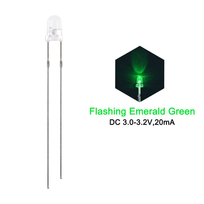 Harfington Uxcell 100Set 3mm LED Kit Clear Flashing Emerald Green Super Bright 29mm Pin W Resistor