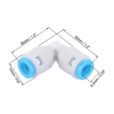 Harfington Uxcell Quick Connector L Type 1/4" to 1/4" Push Fit Elbow Connect Fittings for RO Water Purifier, 30x30mm White Blue 15Pcs