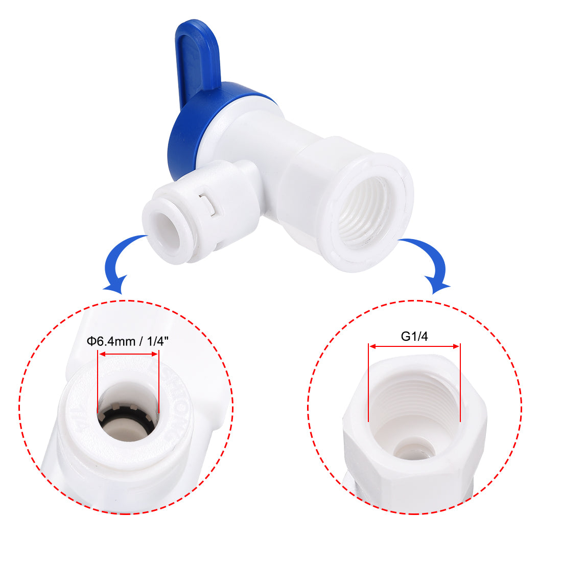 uxcell Uxcell Elbow Ball Valve Quick Connect Fitting, 1/4" Tube Outer Diameter, G1/4 Female Thread, for Water Purifiers, Blue and White