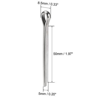 Harfington Uxcell Split Cotter Pin - 5mm x 50mm 304 Stainless Steel 2-Prongs Silver Tone 10Pcs