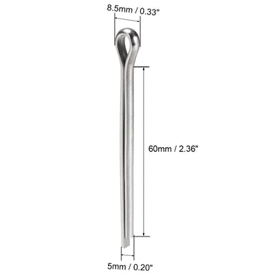 Harfington Uxcell Split Cotter Pin - 5mm x 60mm 304 Stainless Steel 2-Prongs Silver Tone 10Pcs